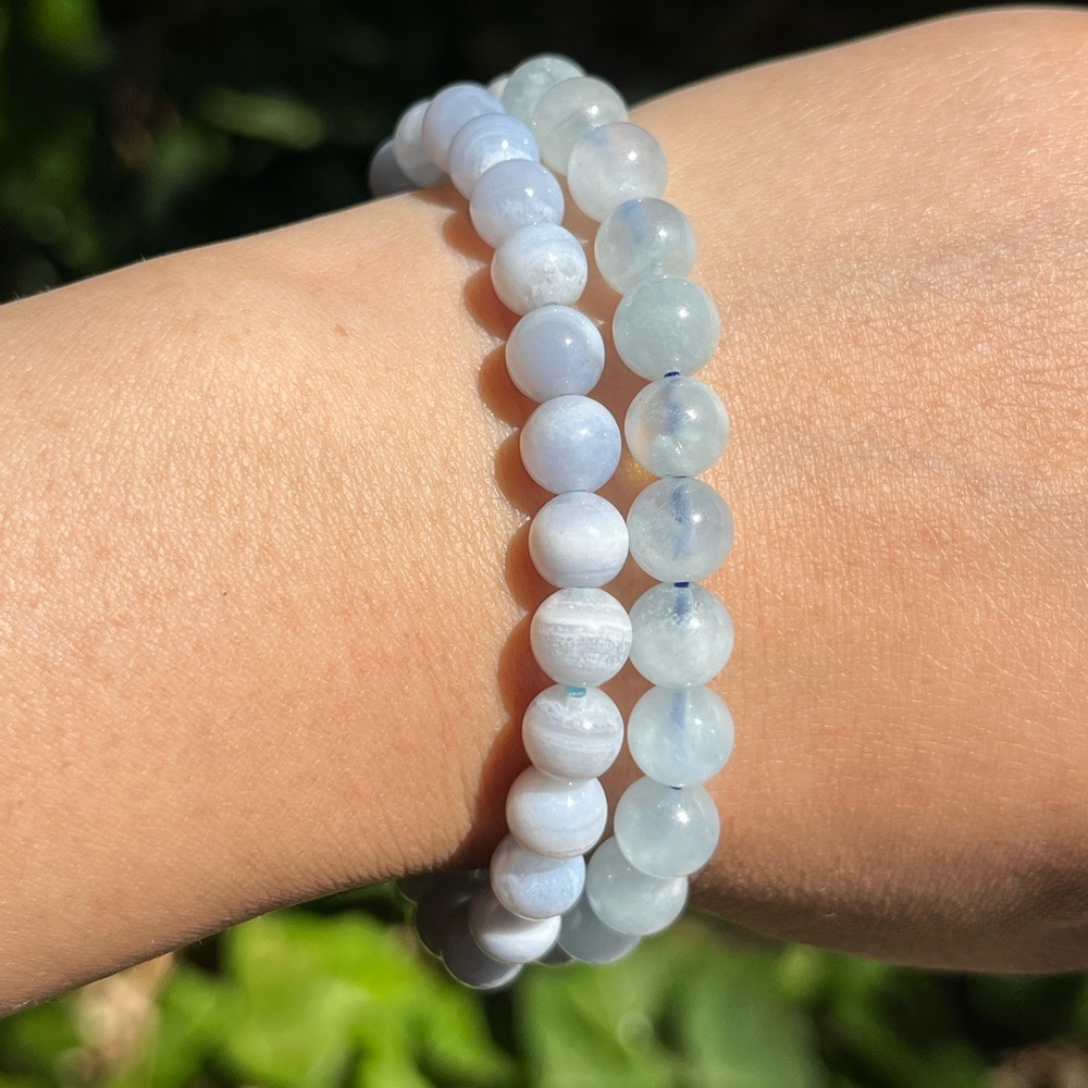 Dainty blue lace‎ agate and aquamarine bracelet set
